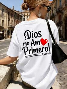 Women's Casual T-Shirt, Round Neck Style, Y2K, With Simple And Elegant Christian Text And Heart Print On The Front And Back Chest, Short Sleeves, Comfortable Fabric, Suitable For All Seasons, Machine Washable, Available In Five Sizes S-2XL, Various Colors, Style - 白色的 - 查看 2
