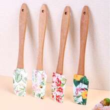 4 piezas/1 pieza Raspador de silicona con mango de madera, estilo de estampado floral, raspador de silicona flexible y antiadherente, usado para cocinar, hornear en la cocina y repostería, raspador de crema y mantequilla, accesorios de cocina de moda, imprescindible para las vacaciones - Multicolor - Ver 16