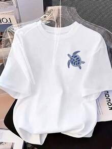 Áo thun nữ size lớn phong cách thường ngày in rùa biển màu xanh tay ngắn, áo blouse cổ tròn thoải mái, trang phục thời trang xuân/hè màu trắng - trắng - Xem 1