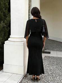 Black Romantic Elegant Fashion Chiffon Cape Design Knitted Ruched Mermaid Maxi Dress, Teardrop Button Back, Suitable For Dates And Parties, Spring/Summer - Black - View 5