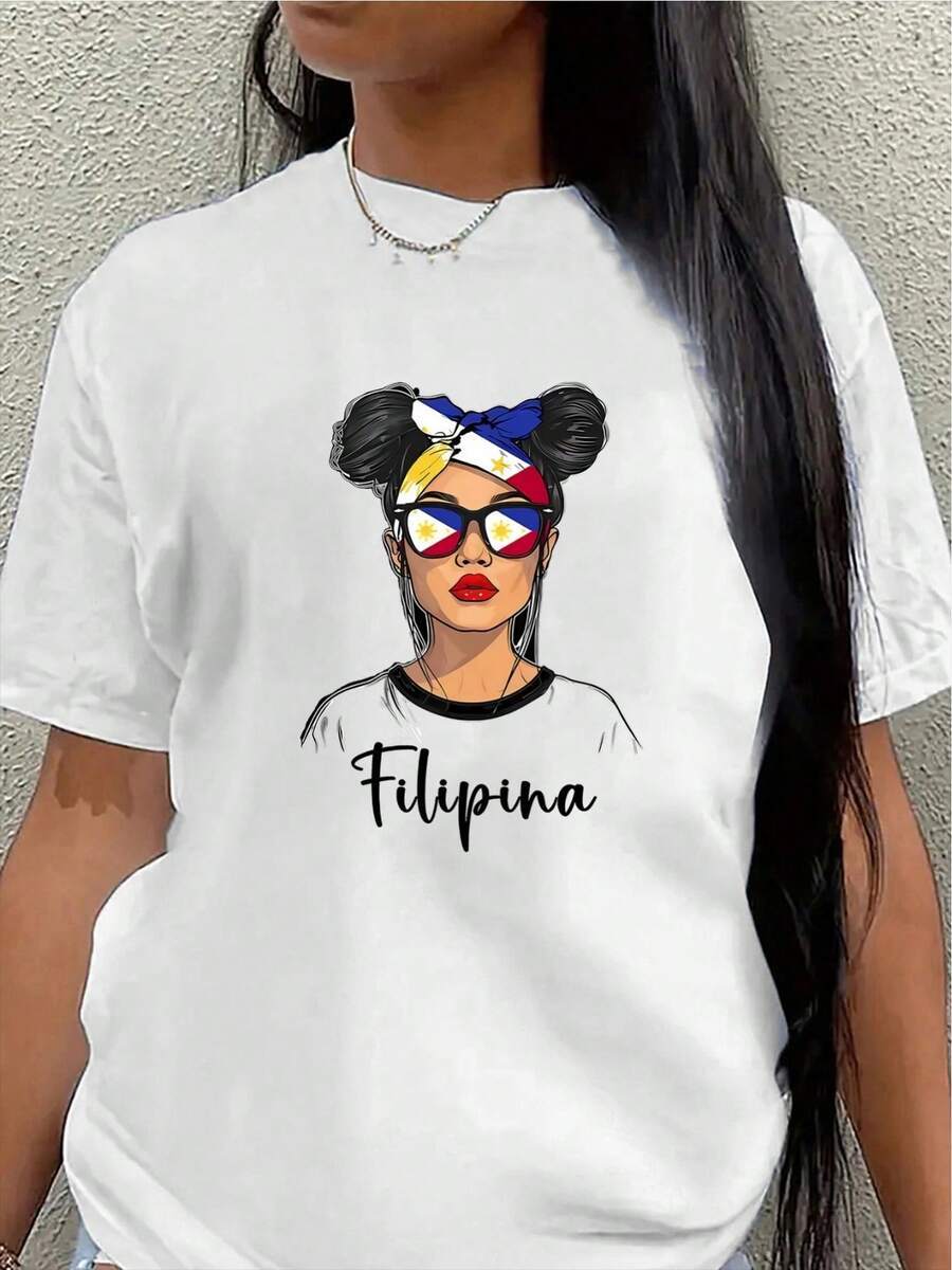 Camiseta de manga corta de poliéster, estampada con un diseño de estilo filipino, ligera y duradera, adecuada para el hogar, restaurantes o actividades al aire libre. Presenta colores brillantes y es cómoda de llevar.blusas para mujer>ropa - Blanco - Ver 1