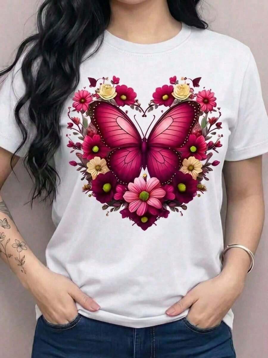 Camiseta playera grafica estampada mujer dama mariposa magenta corazon flores flor floral rosas margaritas primavera verano cuello redondo manga corta uso diario dia noche casual corte holgado - Blanco - Ver 1