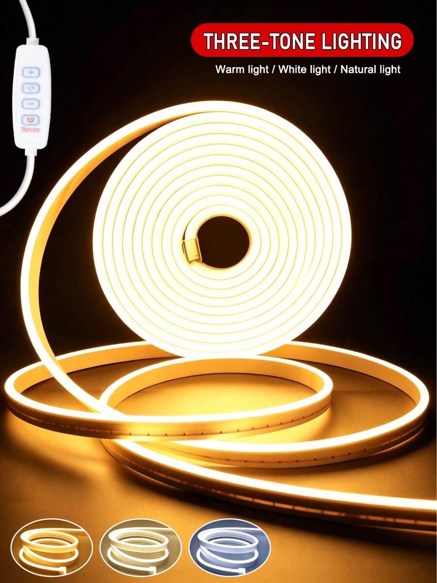 1pc Outdoor Tri-Color Neon Light String, Outdoor Smart Button Neon LED Light Strip, TV Backlight, LED Mirror Light, Yard LED String Lights, 3 Color Lighting, Dimmable & Color Changeable, LED Lamp Pole, (1m/2m/3m/4m/5m), USB Powered, Button Control, Suitable For Yard, Porch, Railing, Room, Living Room, Bathroom, Creating Warm White Ambiance Indoor Lighting, Smart Dimming Technology, Flexible Atmosphere Lighting For Live Streaming, Makeup Mirror Lighting