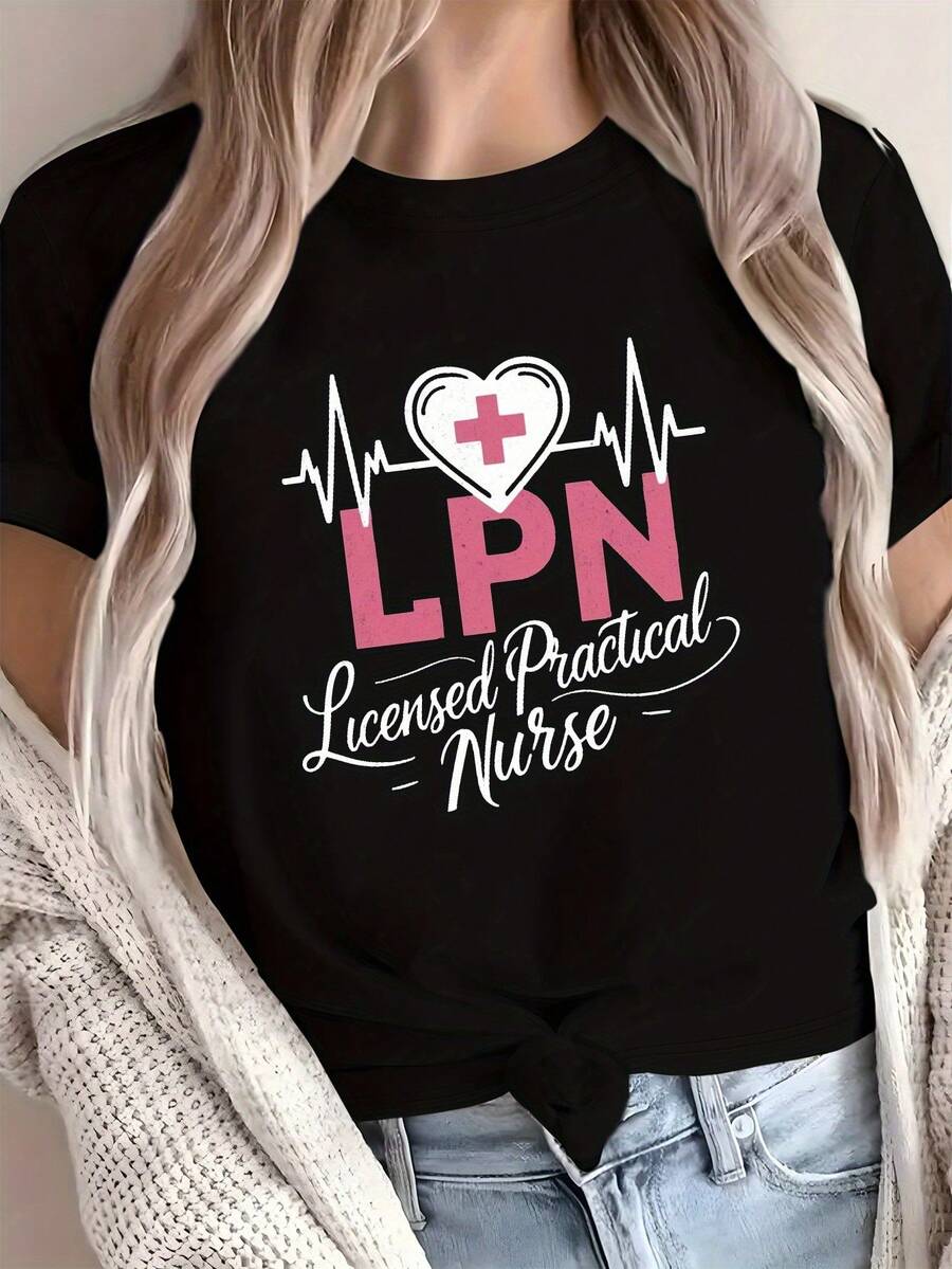 LPN, Linsed Practical Nurse, Women's Short-Sleeved Crew Neck T-Shirt, Ideal For Casual Outings, Holiday Gifts, And Get-Togethers With Friends, With A Simple And Professional Style. New For Summer: 100% Cotton Crew Neck T-Shirts. - 黑色 - 查看 1