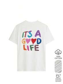 Women's T-Shirt With The "IT'S A GOOD LIFE" Print Featuring Colorful Brushstrokes And A Heart On The Back, 100% Breathable And Lightweight Cotton, Vintage 90s Streetwear Style, Suitable For Everyday Wear, Weekend Brunches, Urban Fashion And A Casual Summer Style In White. - 布蘭克 - 查看 2