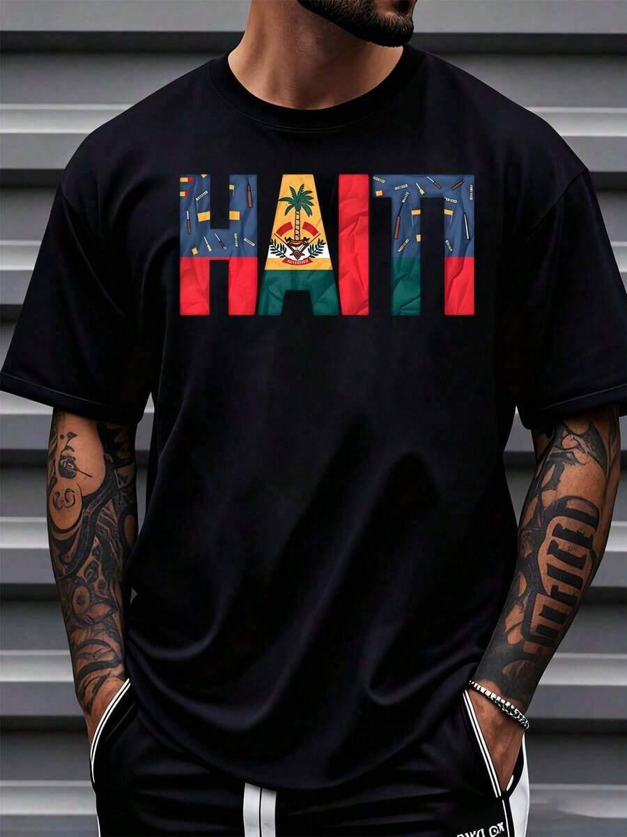 T-Shirt With Haitian Flag Design, National Pride Apparel For Men, Women And Children, Perfect For Independence Day, Cultural Events And Everyday Wear, Women's T-Shirts - 黑色 - 查看 1