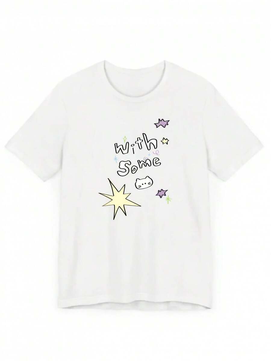 Nueva Camiseta de Manga Corta con Estampado de Gato Lindo Estilo Rock Star para Primavera/Verano 2026, Camiseta Casual y Elegante para Mujer, Adecuada para el Verano - Alta Calidad - Blanco - Ver 1