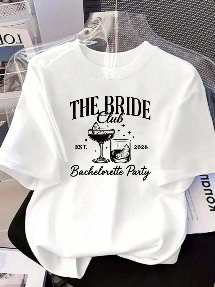 Heavyweight Wo Bachelorette And Bachelorette Party T-Shirt - Short Sleeve Slogan Print Crew Neck Blouse - White, Spring/Summer, Ideal For Wedding Guests - Machine Washable Casual Party Top - Best Seller - 白色 - 查看 1