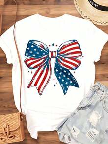 Women's Patriotic T-Shirt With American Flag Bow, 4th Of July Independence Day Celebration, Casual Summer Top, Red And Blue Star And Stripe Graphic Design For National Day Party, Women's T-Shirts - 白色 - 查看 3