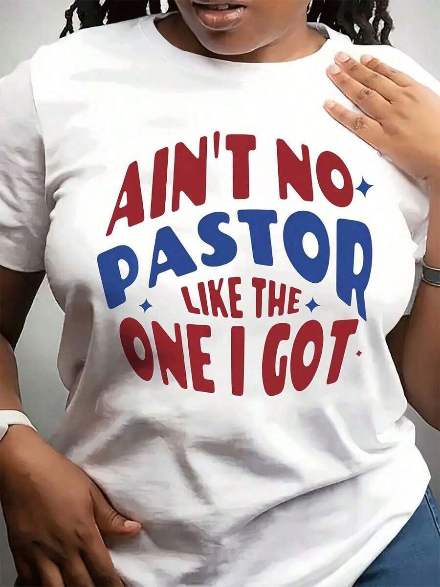 Gift: 1 White Women's T-Shirt With Pastor Quote Print, Round Neck, Casual Cotton T-Shirt, Medium Stretch Knit Fabric, Regular Fit For Ladies, For Spring/Summer/Autumn, Soft. - 白色 - 查看 1