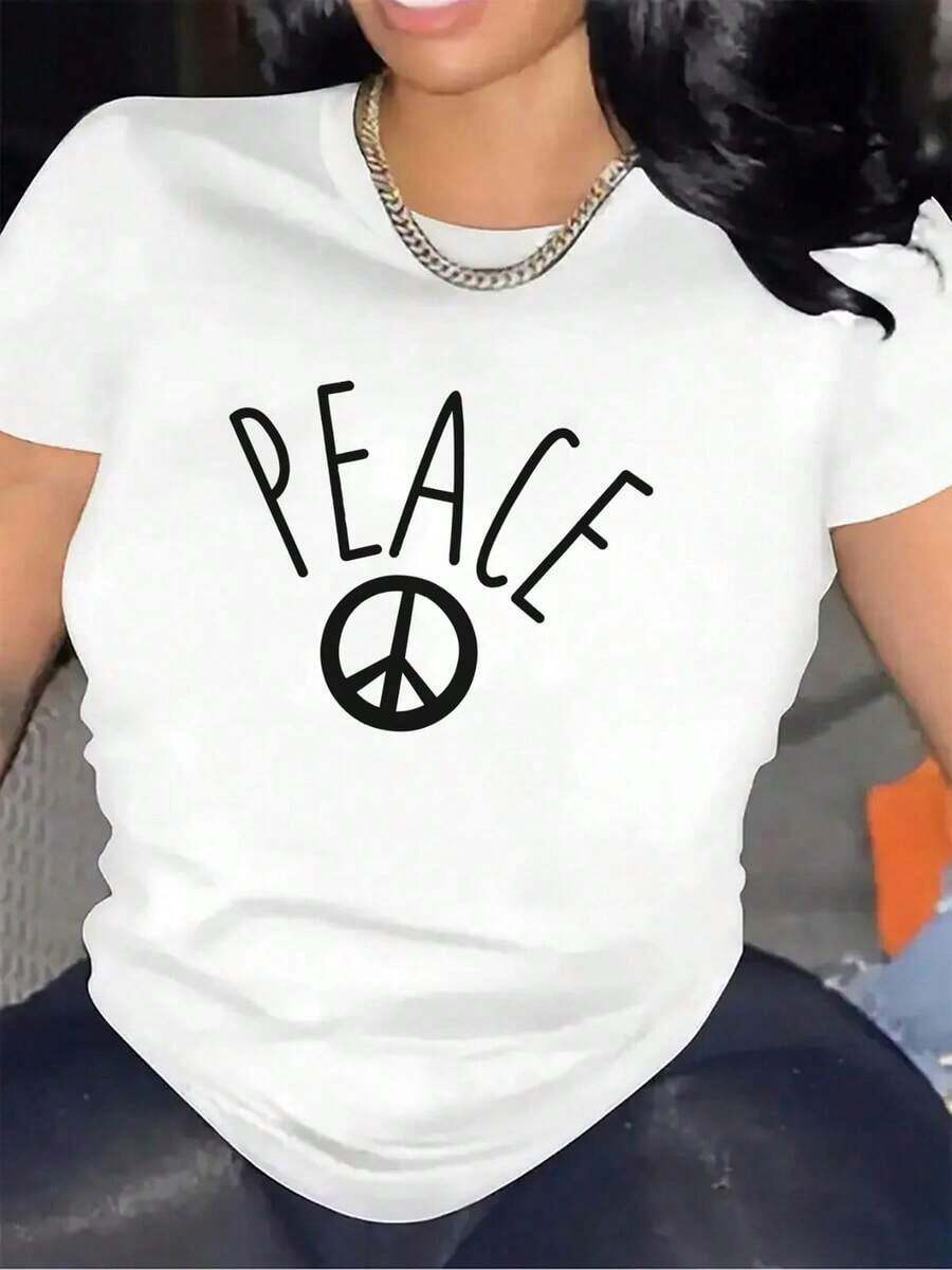 2026 New Style Pure Cotton T-Shirt. Women's T-Shirt With Peace Sign Graphic, Made Of Soft Fabric, Perfect For Casual Outings Or Lounging At Home. Features A Durable And Comfortable Design, Making It Suitable For Everyday Wear. Women's Standard Size Casual T-Shirt, Breathable, Lightweight, Short Sleeve Tee - Vintage T-Shirt - 白色 - 查看 1
