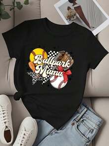 Women's Crew Neck T-Shirt, Baseball And Softball Design "Ballpark Mama", Short Sleeve For Casual Outings And Sporting Events, Casual Blouses For Ladies - 黑色 - 查看 2