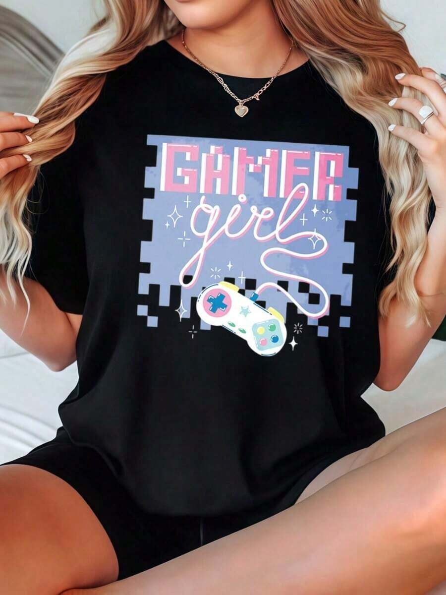 Camisas de Mujer con Diseño de Controlador Pixelado para Gamers, Blusas Casuales Transpirables para Dama - Negro - Ver 1