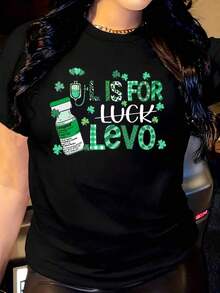 Camiseta de mujer verde a cuadros con estampado de trébol, cuello redondo, manga corta, informal, adecuada para uso diario al aire libre, perfecta para todas las estaciones. - Negro - Ver 1