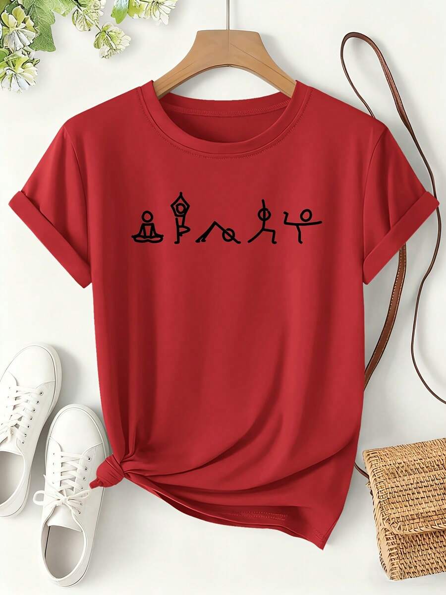 Women's Yoga T-Shirt With Yoga Figure Print, Fun Style Spring/Summer 2026, Short Sleeve, Lightweight, Sporty, For Everyday Wear, Loose Fit, Versatile And Modern Sports-Themed Design, Women's Clothing Sizes S-XXL - 紅色 - 查看 1