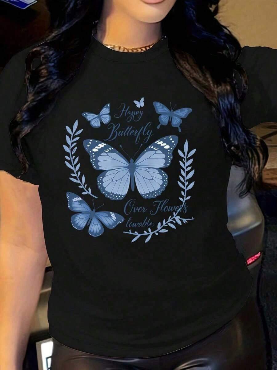 Under The Radar - Camiseta Casual de Cuello Redondo para Mujer con Estampado de Mariposas - Tejido de Punto, Transpirable y Cómoda, Camiseta de Manga Corta para Todas las Temporadas - Estilo Urbano Vintage, Unisex, de Algodón, Cuello Redondo y Manga Corta - Negro - Ver 1