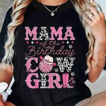 1 Piece Of Women's Casual T-Shirt With "T-Ball Mom" Letter Print, Short Sleeve, Round Neck, Regular Fit, Slightly Elastic, Ted Fabric, 180g, 100% Cotton. - 黑色 4 - 查看 1