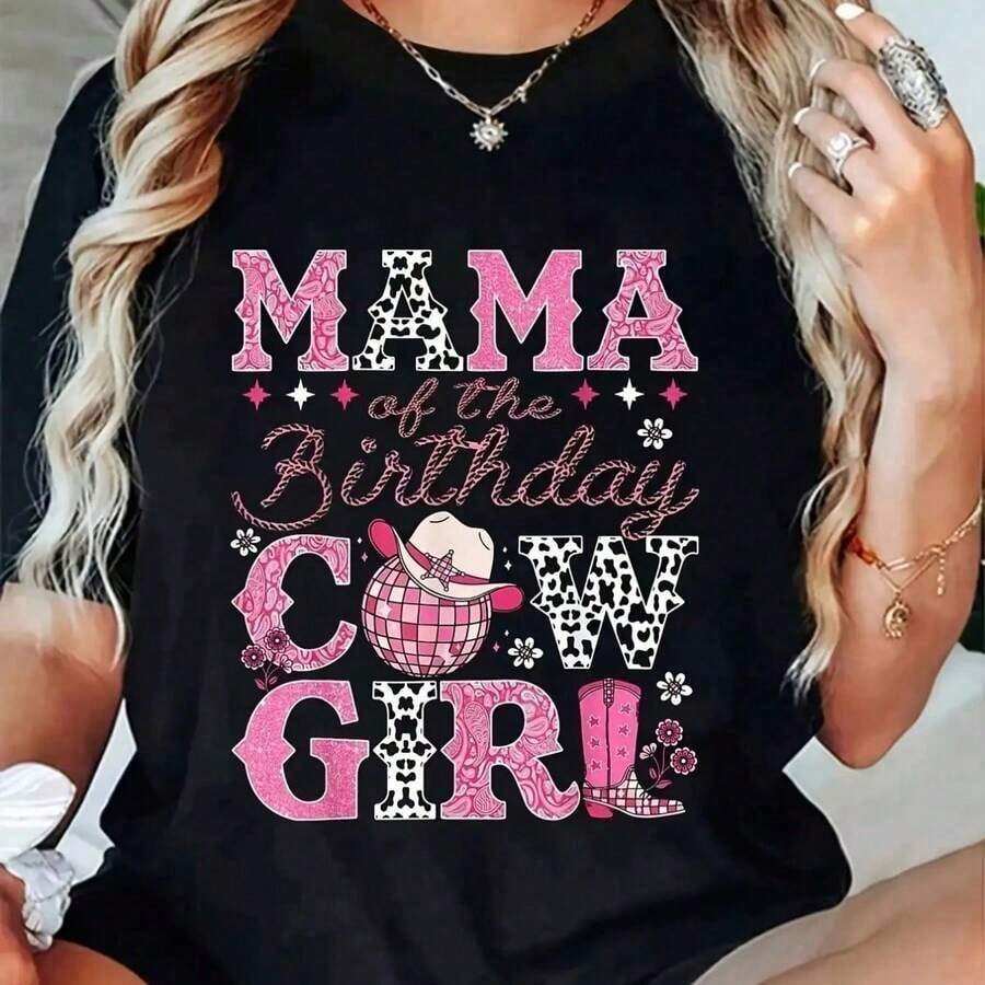 1 Piece Of Women's Casual T-Shirt With "T-Ball Mom" Letter Print, Short Sleeve, Round Neck, Regular Fit, Slightly Elastic, Ted Fabric, 180g, 100% Cotton. - 黑色 4 - 查看 1