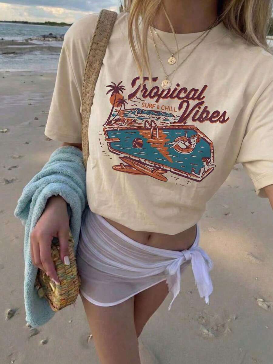 Nuevos productos de la temporada Camiseta divertida Oversized T-shirts T-shirts Women's Letter Casual T-shirts for Women Camiseta de mujer de manga corta y cuello redondo con estampado de piscina de verano, de estilo casual versátil, adecuada para uso diario y vacaciones OI9Y - Blanco - Ver 1