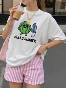 Soft 100% Cotton Plus Size T-Shirt, Casual Printed T-Shirt For Women, Featuring A Cartoon Watermelon Print With A Surfboard And The Phrase 'HELLO SUMMER'. Unisex T-Shirt For Women And Men, Suitable For All Seasons, Everyday Wear, Perfect Gift, Fashionable Choice. Breathable Cotton T-Shirt, Goes With Everything. - 白色 - 查看 6