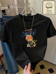1 Piece,  Casual Printed T-Shirts For Men And Women, Latest 2026 Collection, 100% Cotton, With The Text "FEELING" And An Illustration Of An Orange Cocktail, Round Neck, Short Sleeve, Casual Summer Style, Comfortable And Breathable. Versatile, Easy To Match, For Everyday Wear, Urban Style, Vacation Outfits, Weekend Outfits. - 黑色 - 查看 1