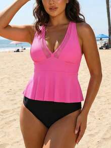 Womens Swim Skirt High Waisted Bikini Sets Tummy Control Swimsuits Mesh Sarong Wraps Bathing Suits - A Rose Red - View 6