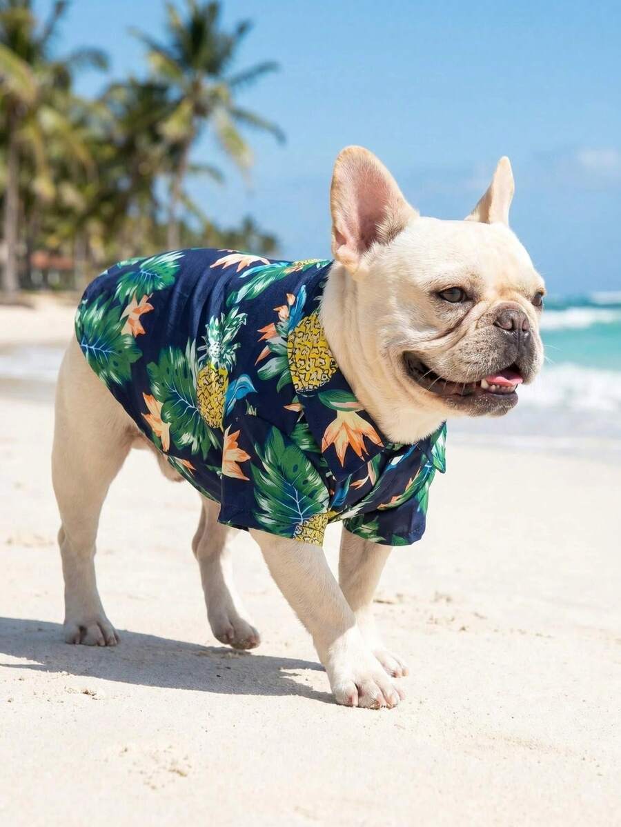1pc European And American Style Spring/Summer Small/Medium Dog Beach Shirt, Hawaiian Pet Apparel For Dogs, Cats, Golden Retriever - Navy Blue - View 1