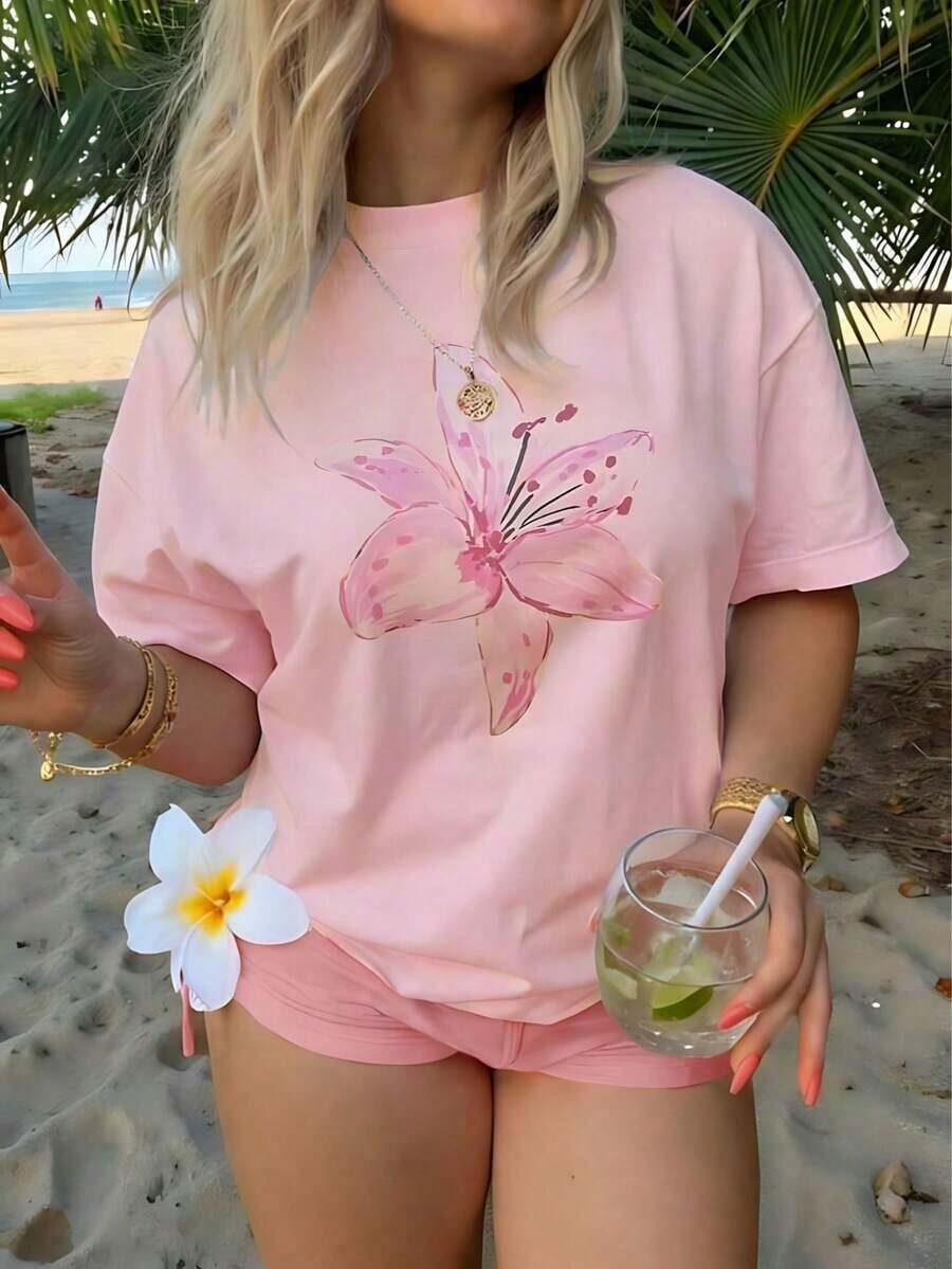 1 pieza de camiseta holgada de talla grande para mujer, 100% algodón, con hombros caídos, estampada con diseños de lirios rosados en acuarela, perfecta para la playa en verano, vacaciones tropicales y conjuntos para festivales de música, creando un estilo bohemio fresco. - Rosa - Ver 1