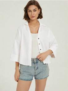 Áo sơ mi trắng dáng rộng phong cách casual thanh lịch cho công sở và đi chơi, trang phục dạo phố đi du lịch, áo sơ mi thanh lịch cho kỳ nghỉ - trắng - Xem 4