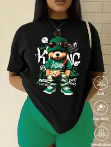 180 g Hecho en México, Moda Primavera/Verano 2026 Camiseta de manga corta, Estampado de dibujos animados, Estilo para parejas, Ropa interior/exterior, Cuello redondo informal para la oficina, Top unisex de una pieza - Negro - Ver 1