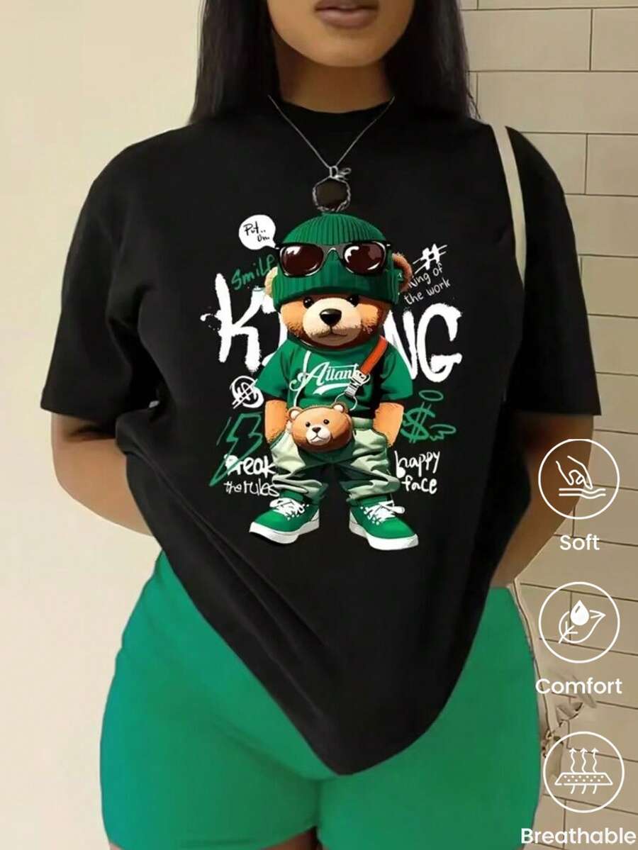 180 g Hecho en México, Moda Primavera/Verano 2026 Camiseta de manga corta, Estampado de dibujos animados, Estilo para parejas, Ropa interior/exterior, Cuello redondo informal para la oficina, Top unisex de una pieza - Negro - Ver 1