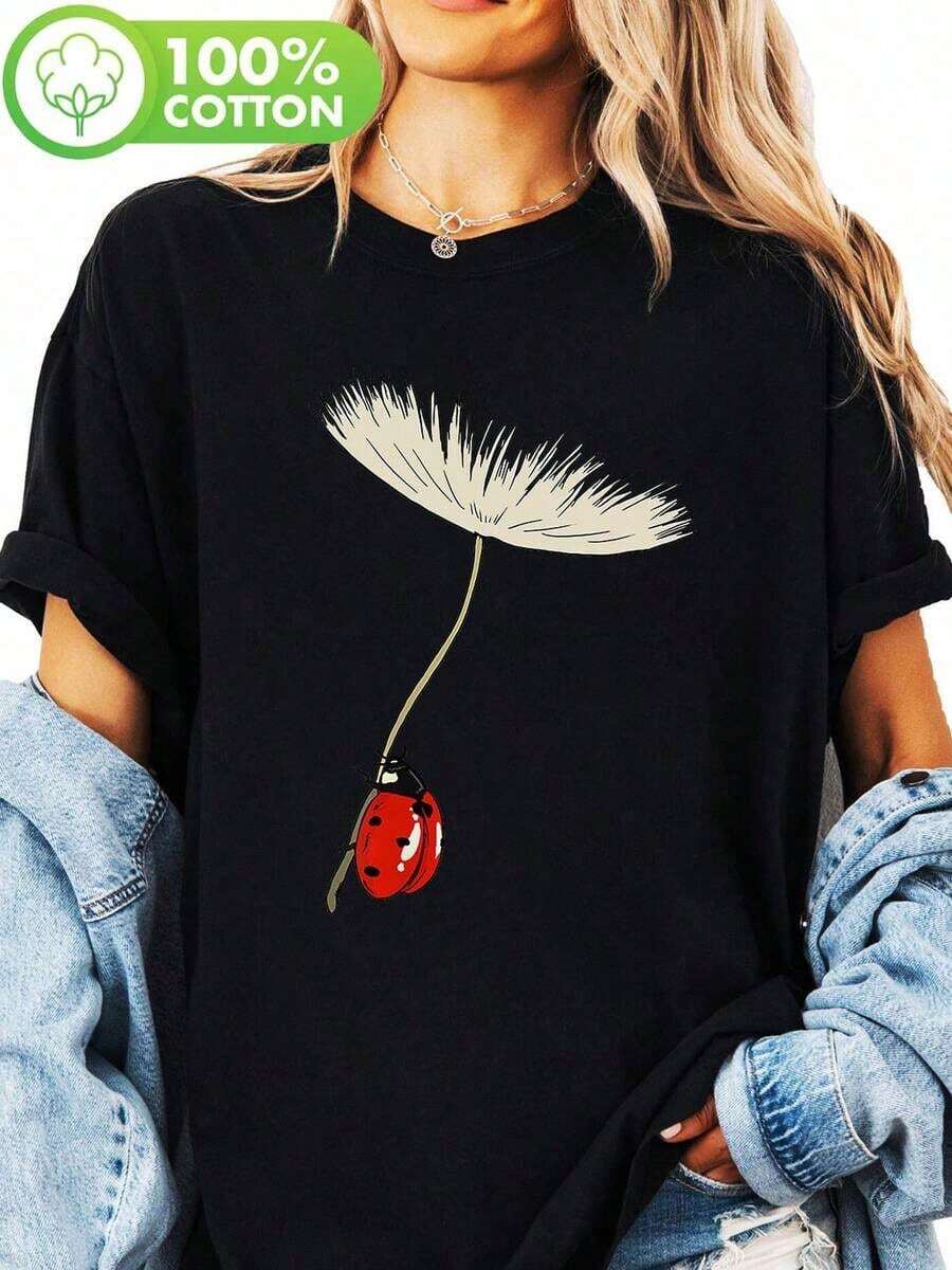 Playeras casuales de mujer Y-Ladybug, camiseta estampada con diseño de diente de león, top casual de manga corta y cuello redondo, adecuada para verano y primavera, ropa de mujer, camiseta casual de verano con estampado gráfico, manga corta, cuello redondo, suave y transpirable, para uso diario en la calle. - Negro - Ver 1
