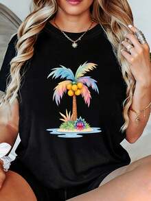 Camiseta de Mujer con Estampado de Palmeras Tropicales, Hojas de Arcoíris, Isla de Cocoteros y Flores de Hibisco - Camiseta de Manga Corta, Holgada, Casual, Transpirable para Verano, con Cuello Redondo Suave y Estampado de Playa Brillante, Regalo Perfecto para Familiares y Amigas. Camisetas para Mujer - Negro - Ver 12