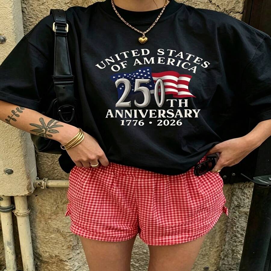 Heartfelt Daily Casual Graphic T-Shirt 100% Cotton Oversized Soft Breathable Casual Crewneck Short Sleeve Top Vintage Aesthetic Red Checkered Shorts United States 250th Anniversary Design For Casual Wearers Fashion Lovers Daily Outfit Enthusiasts Gift Givers