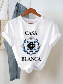 Conjunto informal de 2 piezas de camiseta de manga corta de cuello redondo a rayas y pantalones cortos para mujer - Blanco - Ver 3