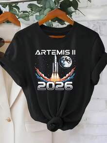 Limited Time Offer, Limited Quantities, Flash ! Women's Casual Shirts, Women's Polyester T-Shirts, Stylish Shirts. Artemis II 2026 Lunar Mission Themed Printed T-Shirt: Women's Casual Short-Sleeve Crew Neck Top, Soft Fabric, Loose Fit, A Must-Have For Spring And Summer. - 黑色 - 查看 9