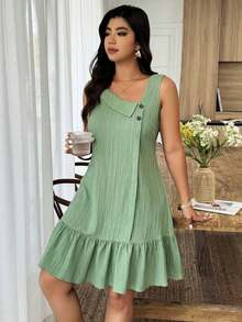 Vestido corto sin mangas de línea A con cuello asimétrico, botones, tela texturizada y volante en el bajo, para mujer de talla grande, casual para verano y vacaciones - Verde 2 - Ver 4