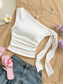 Top ajustado de mujer de hombros asimétricos con tirantes de amarre en color amarillo pálido, adecuado para fiesta, vacaciones, festival de música, estilo bohemio, cita de vacaciones, té de la tarde - Blanco - Ver 4