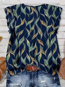 Blusa casual con estampado de hojas para mujer, azul marino, adecuada para el verano - Azul - Ver 2
