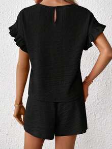 Top de manga con volante & Shorts de cintura con cordón - Negro - Ver 2