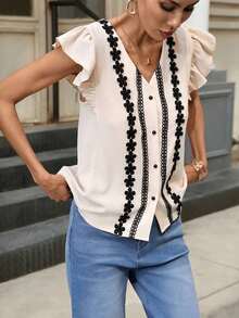 Clasi Blusa blanca elegante y casual con cuello en V, mangas con volantes, falso bordado y estampado floral, adecuada para primavera/verano - Albaricoque - Ver 3