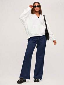 Pantalón de chándal de pierna ancha y cintura baja de unicolor de punto para mujer - azul real - Ver 4