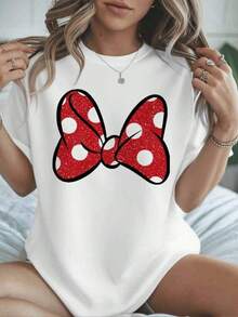 Camiseta de lunares rojos con lazo para mujer, algodón de 220 g, informal, de verano, cuello redondo y manga corta (1 pieza) - Negro - Ver 6