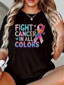 Camiseta negra de concientización sobre el cáncer para mujer - Camiseta de manga corta con cuello redondo, con diseño de lazo rosa y estampado de leopardo, lavable aáquina, ropa casual - Camiseta unisex de algodón holgada de manga corta y cuello redondo estilo vintage urbano. - Negro - Ver 6