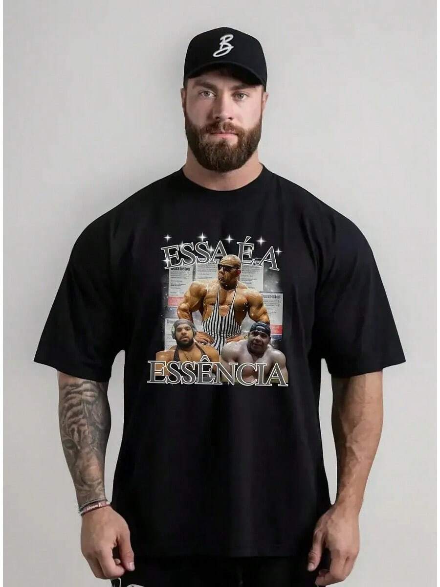 Camiseta Oversized de Entrenamiento con Meme de Basic Academia - Negro - Ver 1