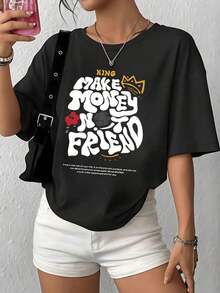 100% Cotton. The Print Features A Creative Phrase That Inspires Independence And Positive Energy, Along With A Golden Crown And Urban Elements Symbolizing Confidence And Empowerment. Women's 100% Cotton T-Shirt With A Modern Cut And Soft Fabric. Women's Simple Solid Color T-Shirt, Loose And Slim Fit Casual Short Sleeve - 黑色 - 查看 1