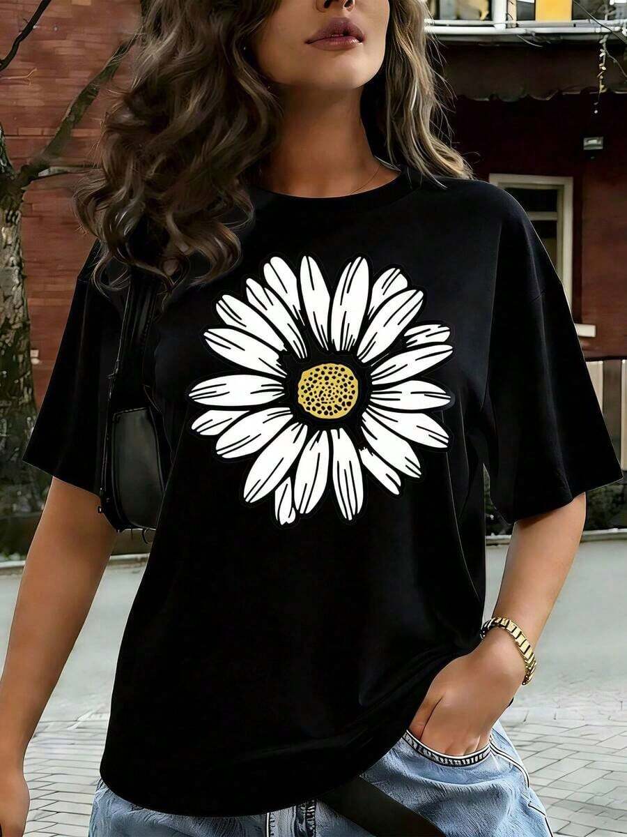 Women's Casual T-Shirt With Daisy Floral Print, Short Sleeve, Comfortable For Casual And Elegant Outfits, Lightweight And Breathable, Machine Washable, Regular Fit, Round Neck, 100% Cotton, Durable - 黑色 - 查看 1