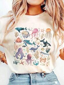 Women's Short-Sleeve T-Shirt Set, Comfortable Color, Colorful Bow Decoration, Ideal For Independence Day, Pure Cotton Short Sleeves. 100% Cotton - 杏 - 查看 5