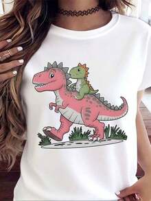 Camiseta de manga corta con cuello redondo y estampado para mujer Dinosaurio Rosa Con Bebé Dino Verde S-3XL moda, cómodo y transpirable unio lavable a máquina - Blanco - Ver 2