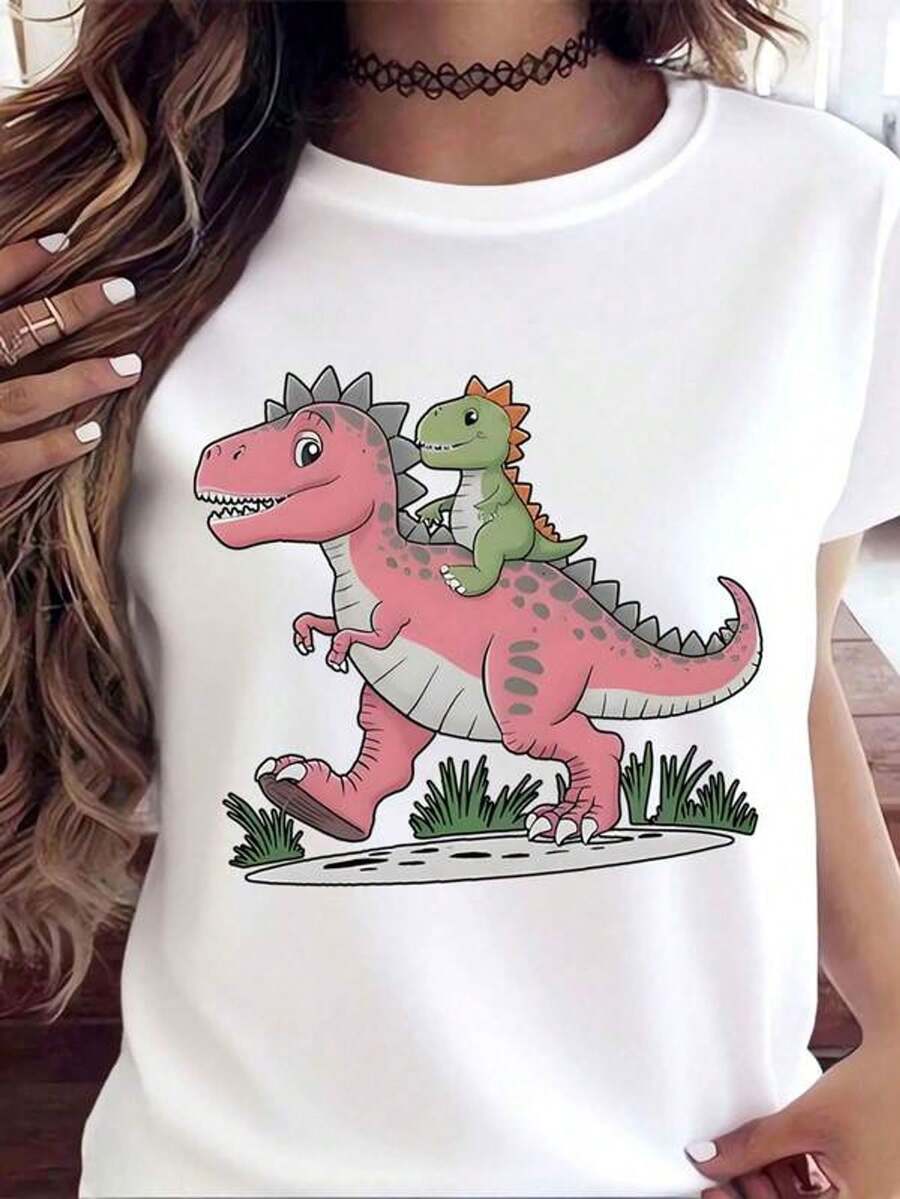 Camiseta de manga corta con cuello redondo y estampado para mujer Dinosaurio Rosa Con Bebé Dino Verde S-3XL moda, cómodo y transpirable unio lavable a máquina